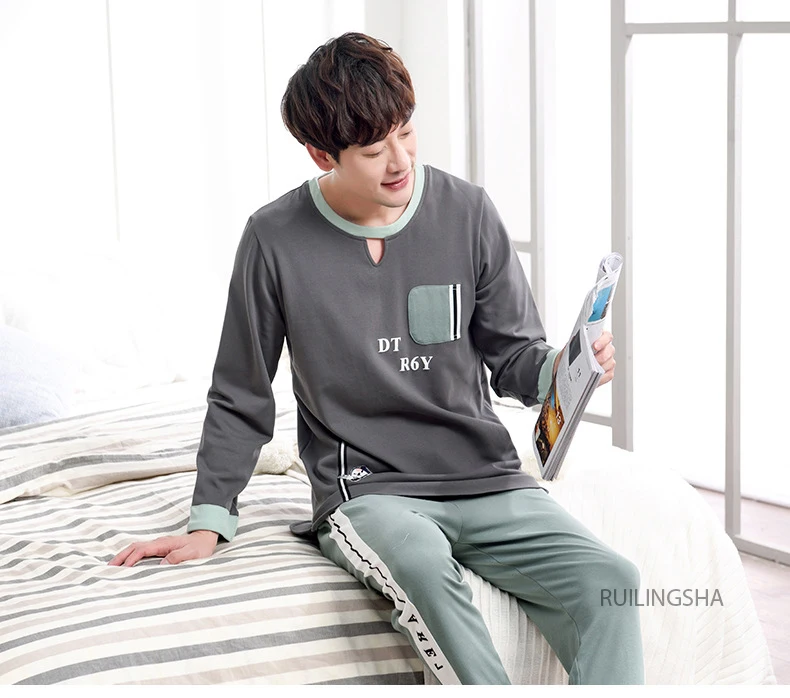 Men spring and autumn wearable long sleeve and pants men youth cotton XL casual pajamas sets pajama set men sleepwear