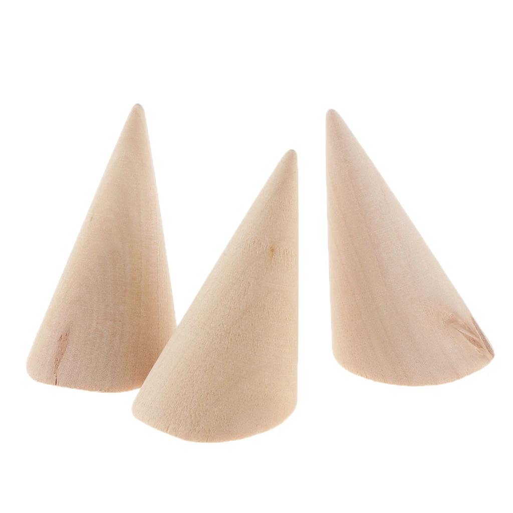 3pcs Handmade Small Unpainted Plain Natural Wood Cone Ring Display Stand for DIY Crafts Decoupage