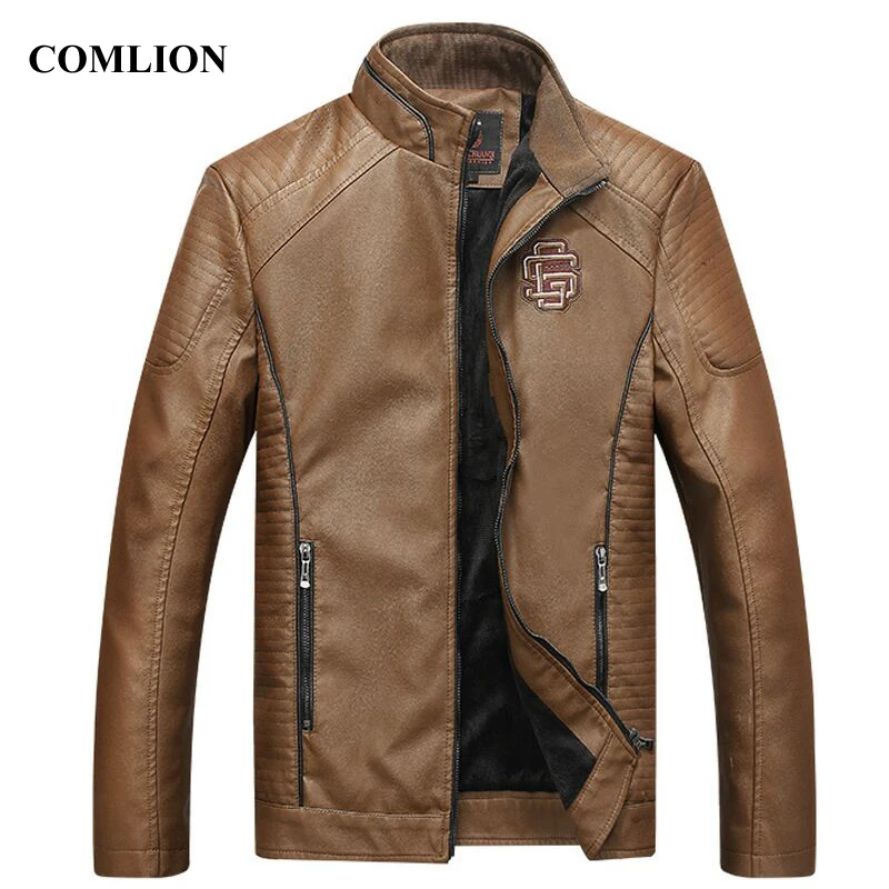 

Motorcycle Faux Leather Jacket Men Business Coat Slim Men Leather Jackets Long Sleeves Pu Coats Biker Zipper Design Khaki C92