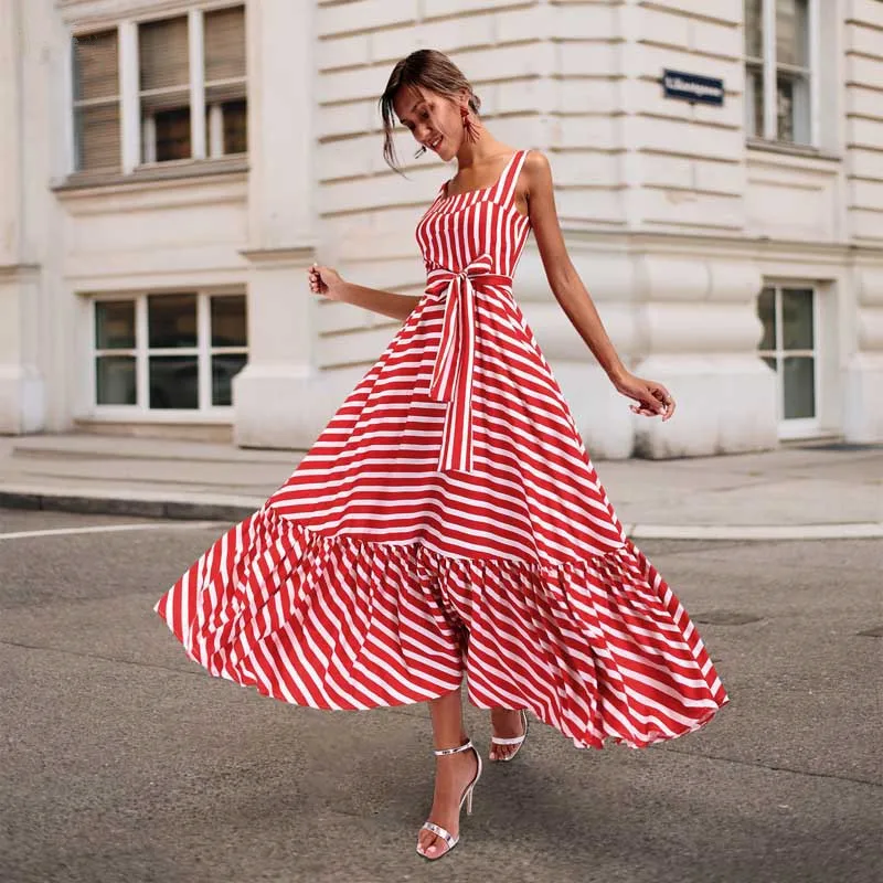 

Oulylan Summer Style Bohemia Dress Women Stripes Design Red White Dresses Sexy Strapless Ladies Casual Elegant Beach Long Dress