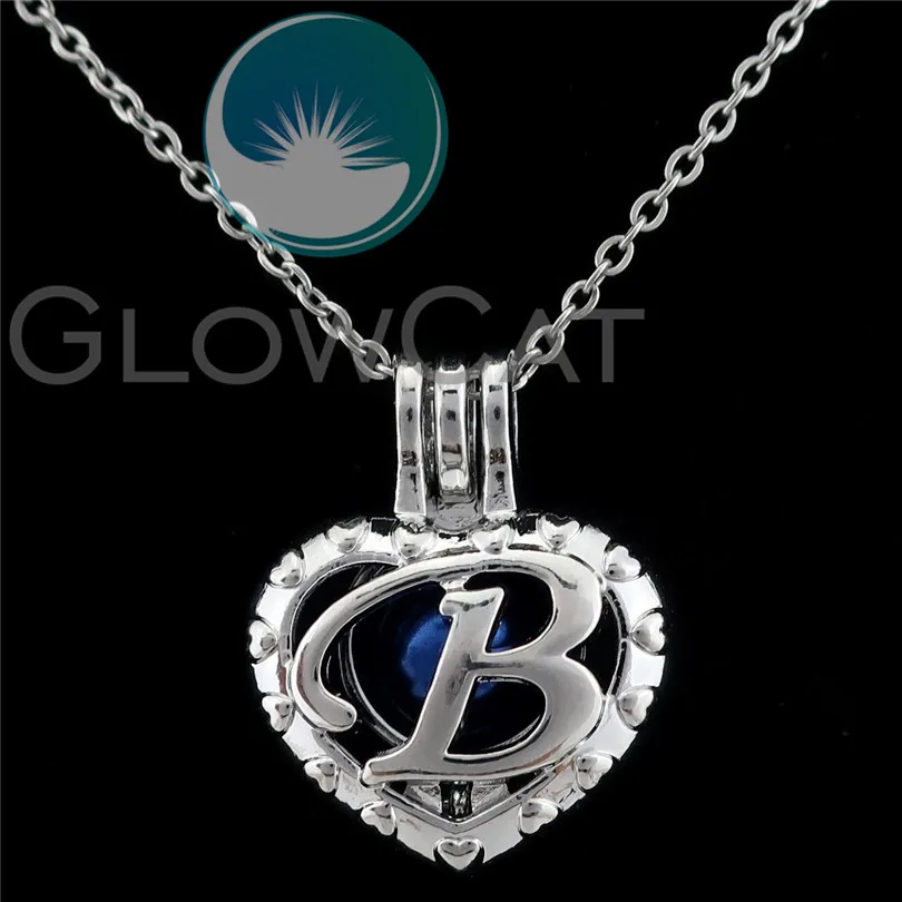 Silver Tone 26 Letter Alphabet Pearl Beads Cage Locket Pendant Necklace Charms K 