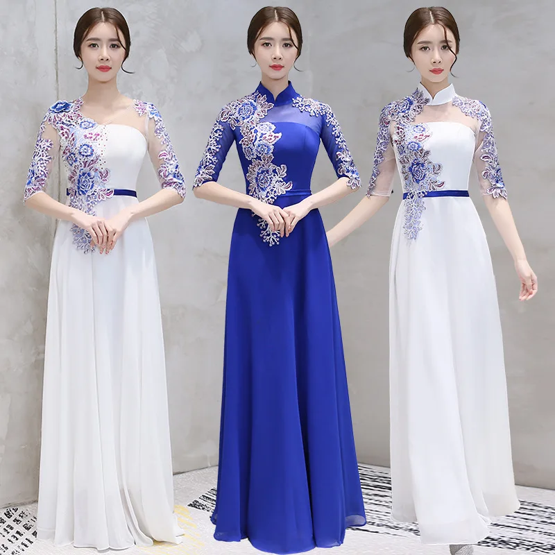 

Chinese Evening Dress 2018 Summer Women Flower Embroidery Half Sleeve Wedding Traditional Qipao Dresses Lace Cheongsam Elegant