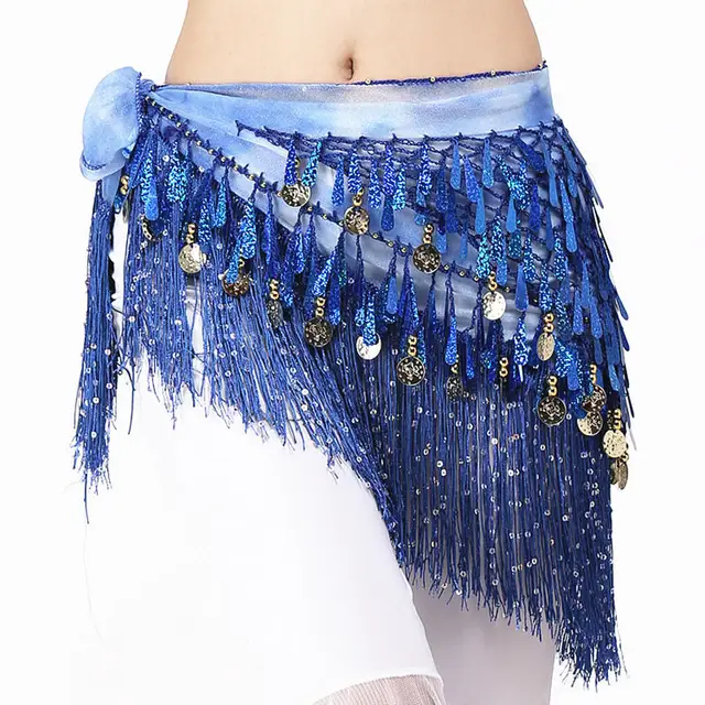 Women Belly Dance Clothing Accessories Teardrop Paillettes Fringe Wrap Elastic Base Tie-Dye Triangle Belts Coins Hip Scarf Blue with sequins