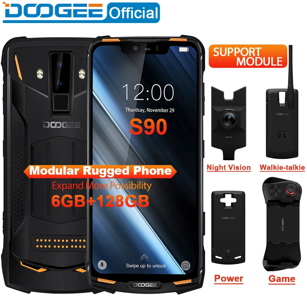 IP68/IP69K DOOGEE S90 Modular Rugged Mobile Phone 6.18inch Display 5050mAh Helio P60 Octa Core 6GB 128GB Android 8.1 16.0M Cam