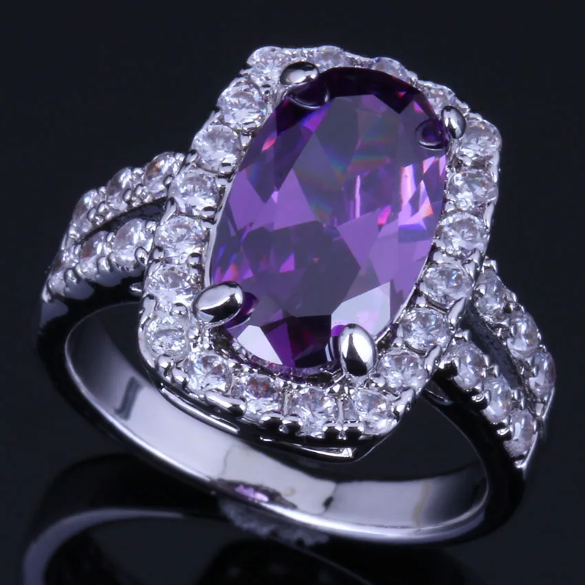 Clean Oval Purple Cubic Zirconia White Cz Silver Plated Ring V0645