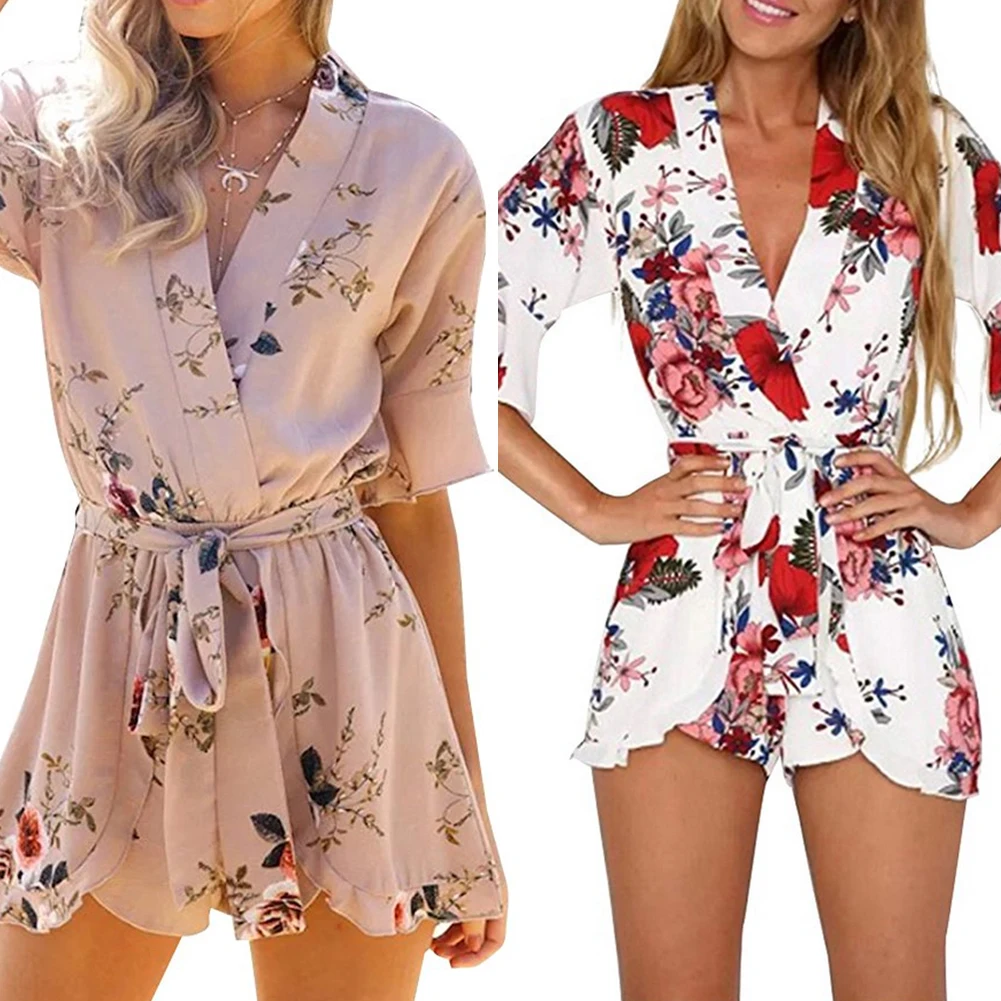 

2017 Sexy V-Neck Casual Loose Jumpsuit Lady Summer Beach Belted Flower Romper Shorts Jumps