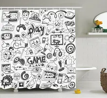 Video Games Shower Curtain Set Black and White Sketch Style Gaming Design Racing Monitor Device Gadget Teen 90’s