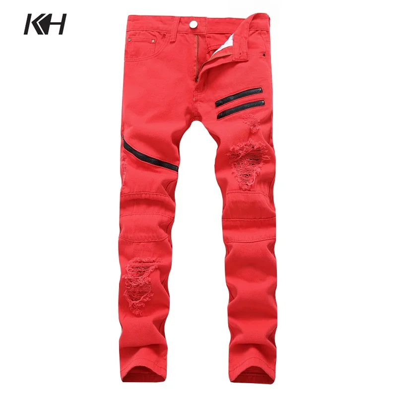 KH модные рваные для мужчин's джинсы для женщин Multi Zip мотоцикл джинсовые штаны в байкерском стиле мужчин джинсы узкие облегающие отбеленные