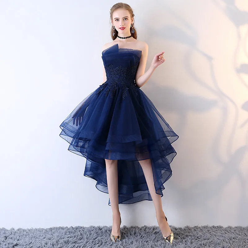 US $48.08 Robe De Soriee Navy Blue Lace Up Strapless Short Front Long Back Elegant Evening Dress With Appliques Formal Prom Party Dress