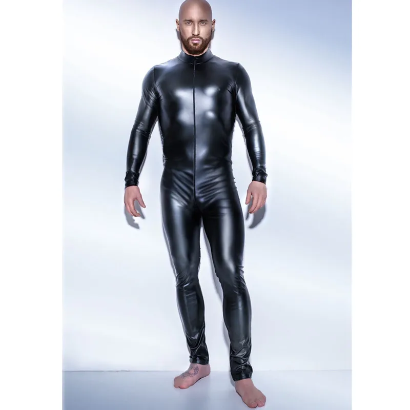Men Sexy Wetlook Faux Leather Latex Catsuit Bodysuit Hot Erotic Lingerie zentai gay fetish Wear pvc costume Open Crotch Clubwear,men bodysuit jumpsuit