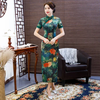 

New Style Lace Trim Female Cheongsam Classic Print Flower Chinese Style Qipao Plus Size Summer Evening Dress Vestidos M-4XL
