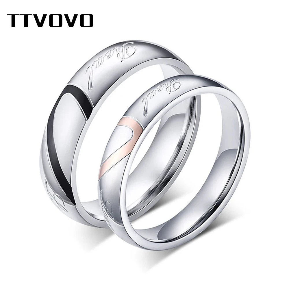 

TTVOVO Heart Puzzle Heart Couple Rings for Women Men "Real Love" Stainless Steel Promise Engagement Bands Lovers Couple Jewelry