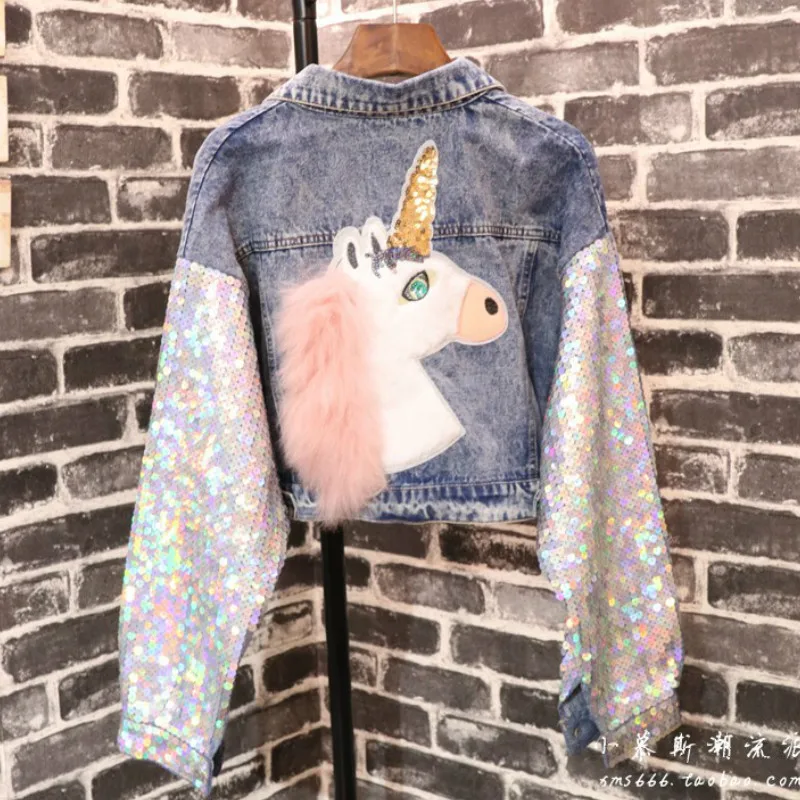 buy Women Sequined Jacket Denim Faux Fur Stitch Unicorn Patch Coat Single Breasted Denim Long Batwing S