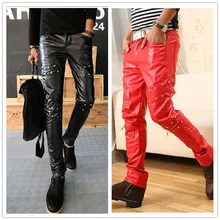 Осень-зима модный бренд Повседневное тонкий заклепки Поддельные Застёжки-молнии черный, красный PU Искусственная кожа подростков узкие брюки мужские обтягивающие штаны