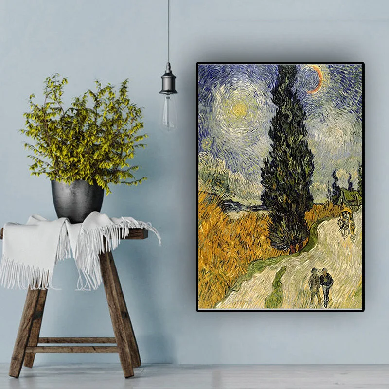 

Road with Cypressand Star by Van Gogh Oil Painting on Canvas Posters and Prints Scandinavian Wall Art Picture for Living Room