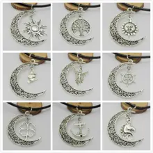 20 шт тибетское серебро Солнце Луна Дерево Ангел Кулон черная натуральная кожа ожерелье цепочка