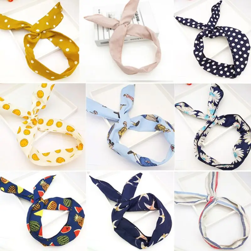 

Vintage Fresh Literary Girls Iron Wired Twist Hairband Cute Rabbit Ears Bowknot Headband Polka Dot Plaid Striped Turban Random