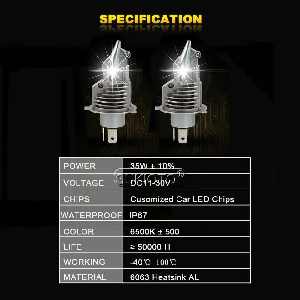 SUKIOTO 2 шт. светодиодный H4 светодиодный фонарь супер яркий h4 hi lo проектор объектив лампы комплект 35 Вт 6500 к супер яркие аксессуары для стайлинга автомобилей