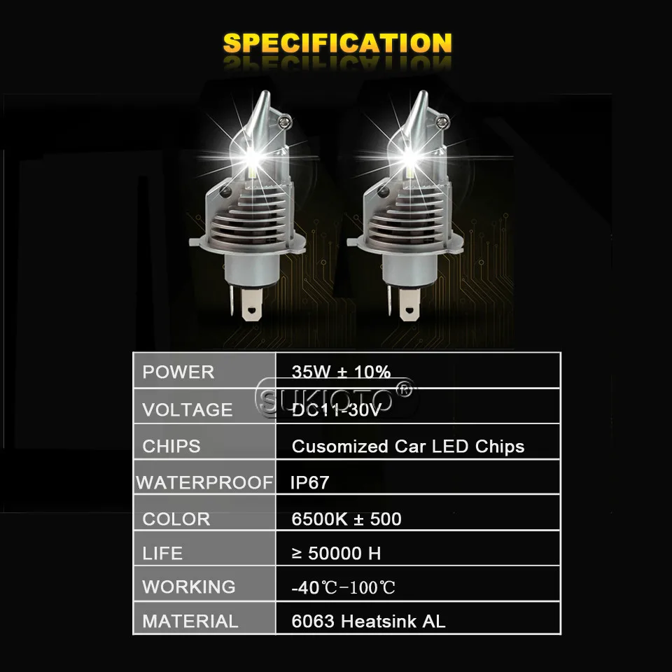 SUKIOTO 2PCS LED H4 LED Headlight Super Bright h4 hi lo Projector lens bulb kit 35W 6500K Super Bright Car styling Accessories (3)