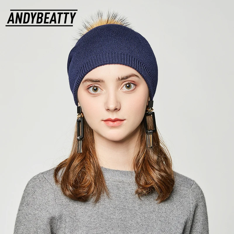 

Autumn winter beanies hat real raccoon fox fur pompom solid colors ski gorros cap unisex knitted wool Skullies casual cap