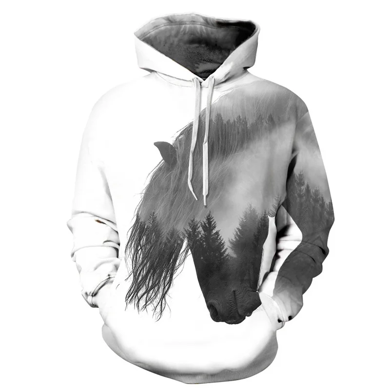 Animal Pullover Tracksuit Mens Hoodies 3D Print Forest Tree Swift Horse Casual Tops With Cap White Hooded Sweatshirt Men/Women