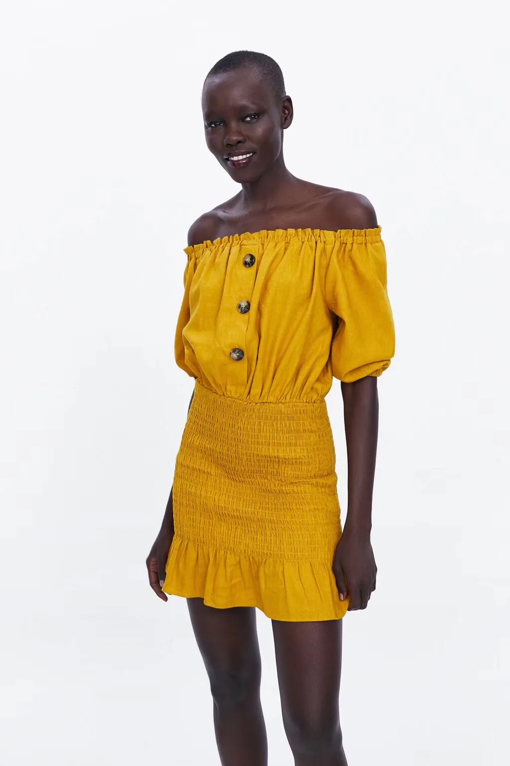 Europe United States Fashion Women'S Clothing Dress Sexy Off-The-Shoulder Lotus Leaf Bodycon Yellow Clothes Mini Dress