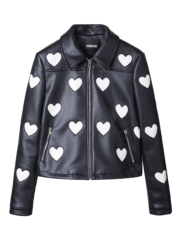 

2018 Autumn Leather Jacket Women Short Slim Black PU Love High End Washed Leather Sweet Soft Leather Coat HR1002