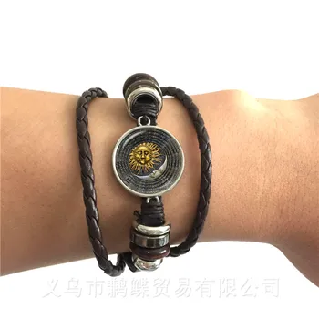

Peace Symbol Sun God Time Gem Bracelet European And American Fashion Accessories Hope For World Peace Black/Brown Leather Bangle