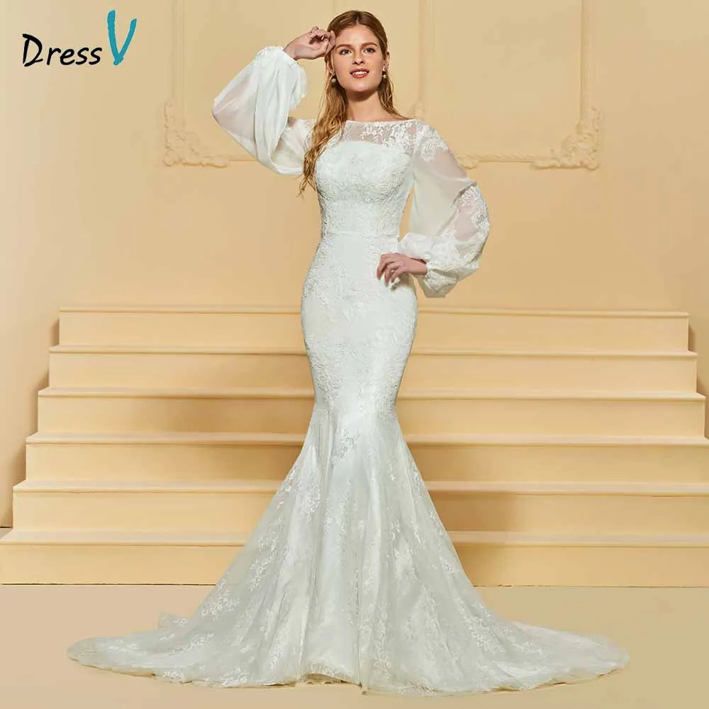 

Dressv elegant trumpet scoop neck lace wedding dress long sleeves button floor length bridal outdoor&church wedding dresses
