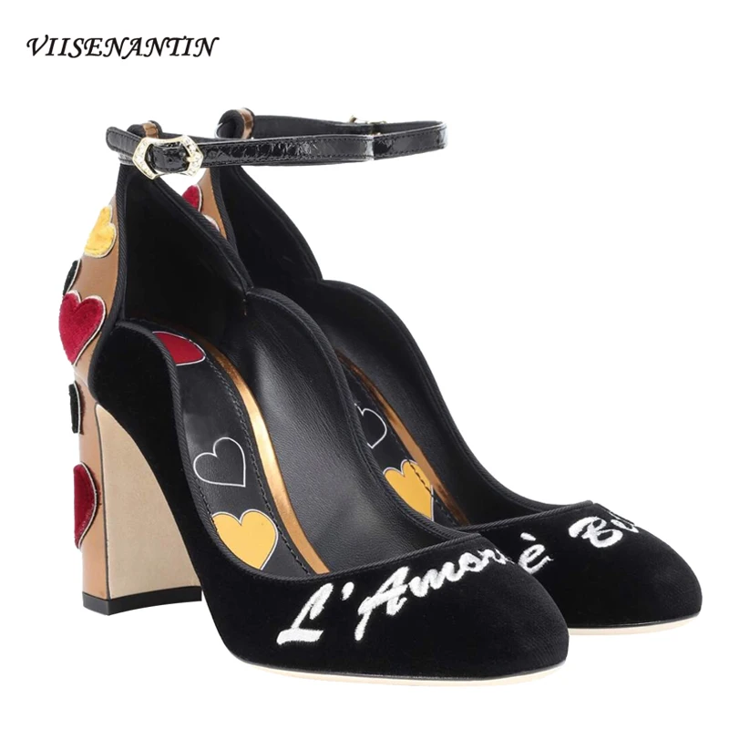 VIISENANTIN New Women Chunky Heel Pumps Shoes Black Wine Red Velvet Heart Real Leather Wedding Shoe Amazing Female Shoe