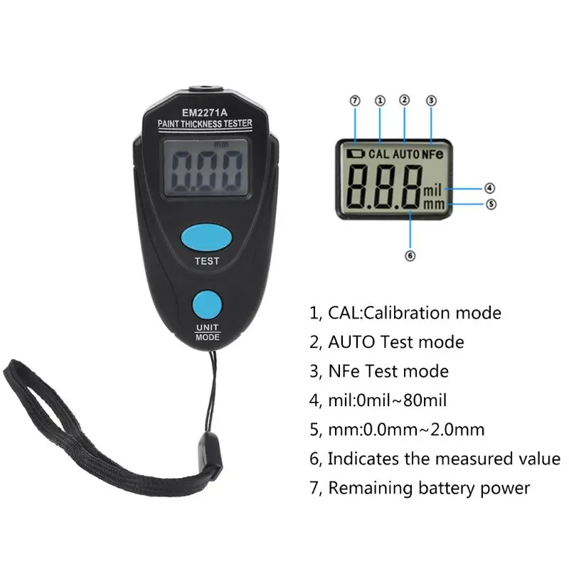 EM2271/EM2271A Mini LCD Digital Automobile Thickness Gauge Car Paint Tester Display Thickness Coating Meter Testing Instrument