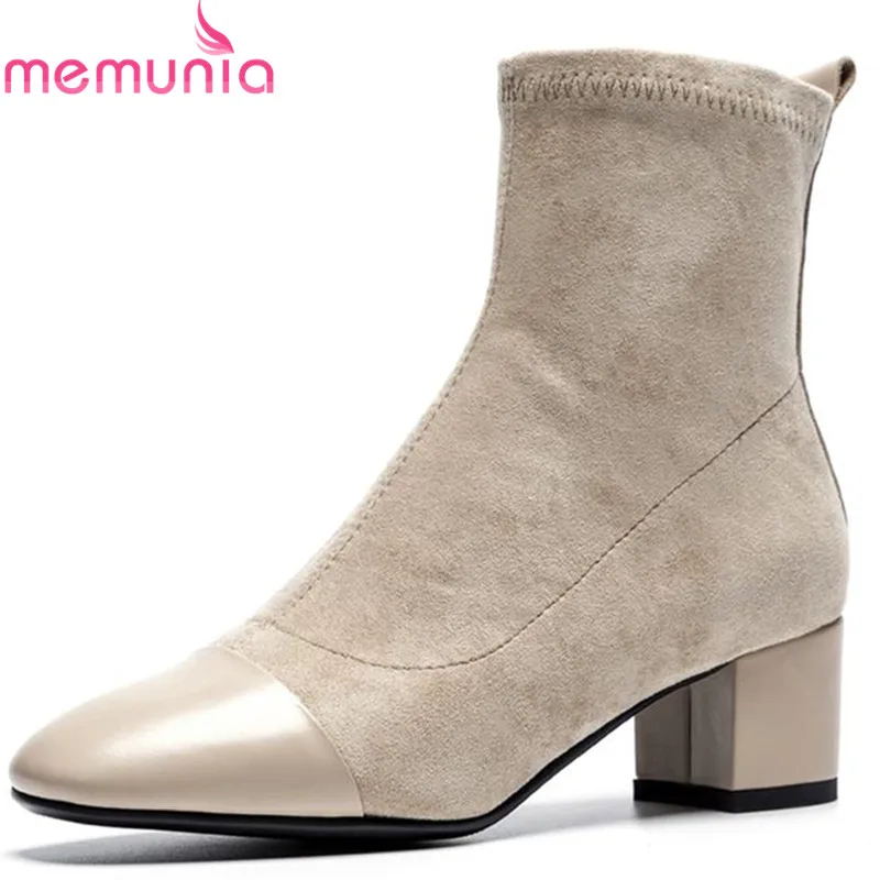 

MEMUNIA fashion flock+genuine leather boots fashion autumn winter ankle boots for women square med heels boots casual shoes