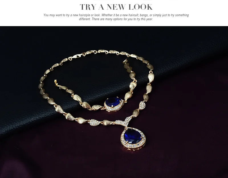 Bridal Royal blue Dubai Gold Jewelry Sets for Women Costume Necklace Earrings Nigerian Wedding African Beads Jewelry Set TZ4079