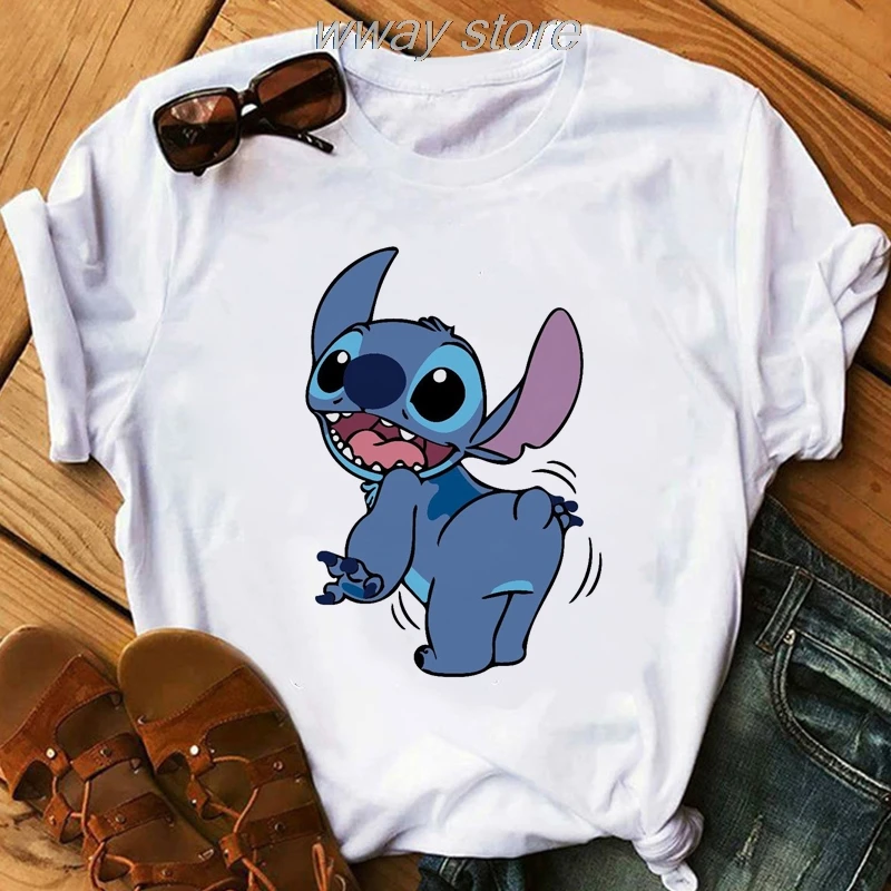 Женская футболка LILO STITCH, летние белые милые футболки harajuku, милая Повседневная футболка с рисунком, милые обтягивающие повседневные топы для девочек