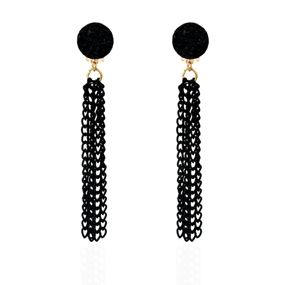 

No Hole Black Long Tassel Earrings Women Round Druzy Resin Clip Earing Without Piercing Jewelry Ear Cuff Vintage Chain Earring