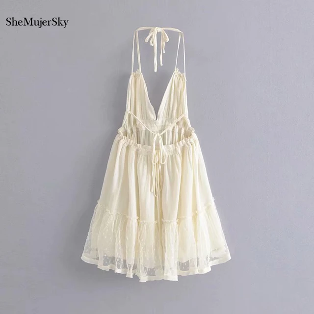 SheMujerSky Sexy Backless Lace Spliced Dress Summer Halter V-neck Mini Dresses Woman Dress Elegant Evening 5