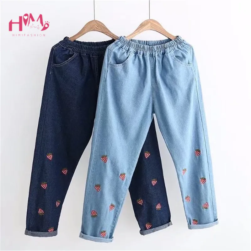 

Japanese Cute Casual Jeans Trousers Women Mori Girl Kawaii Strawberry Embroidery Blue Denim Vintage Elastic Waist Long Pants