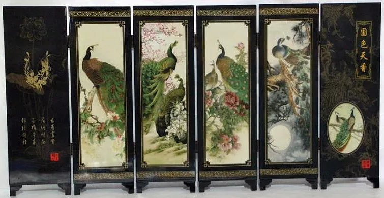 

With China characteristics lacquer craft Six pages peacock screen