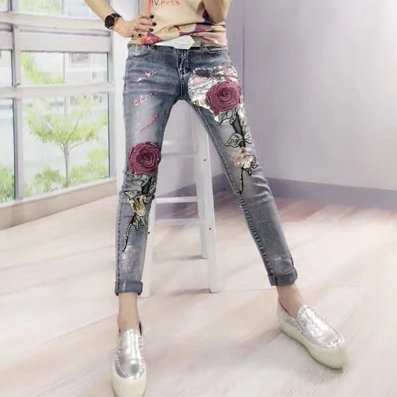 Europe Style Jeans Women Slimming Boyfriend Trousers Slim Rose Embroidery Gold Fashion Sequins Spring and Autumn Denim Pants Europe Style Jeans Women Slimming Boyfriend Trousers Slim Rose Embroidery Gold Fashion Sequins Spring and Autumn Denim Pants