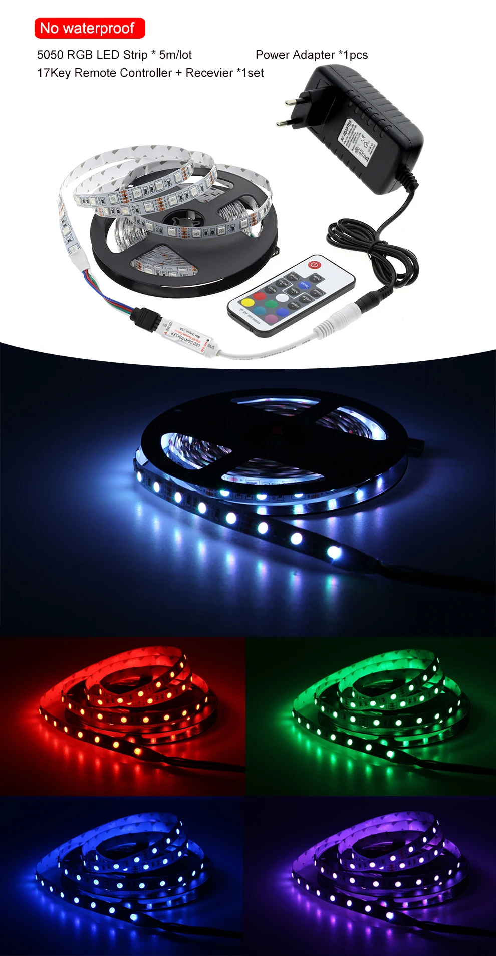 Светодиодные RGB ленты 5050 DC12V 5 m 300 светодиодный s Гибкая световая лента + 17 клавиш RF Controller + 12 V 3A Мощность адаптер