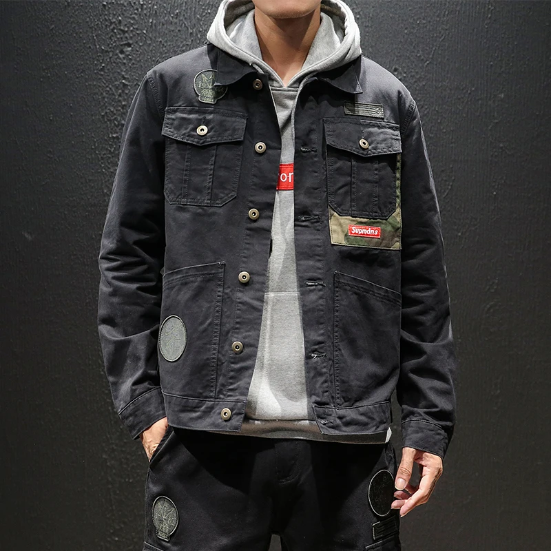 YASUGUOJI New 2019 Japan Style Jeans Men Jacket Fashion Vintage Black Mens Denim Jacket Streetwear Loose Patch Denim Jacket Men