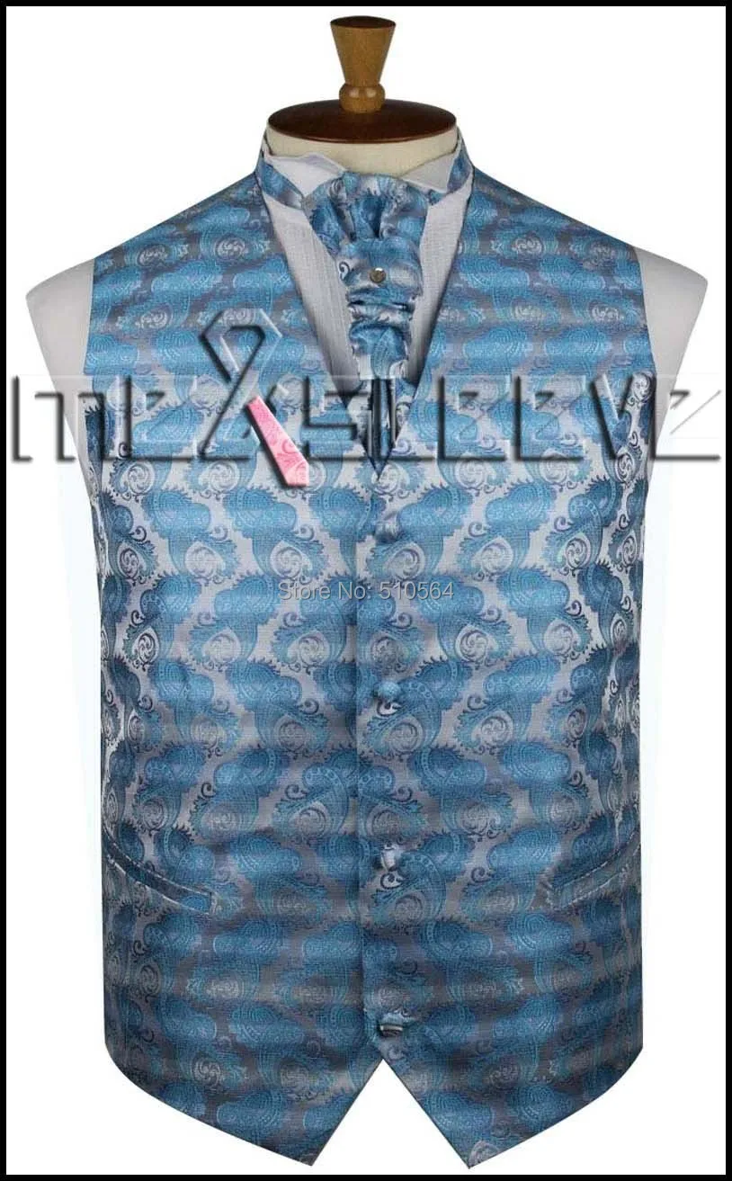Одиночный мужской жилет, жилет, синий и серебряный с узором травы, жилет(жилет+ галстук-бабочка+ платок+ запонки