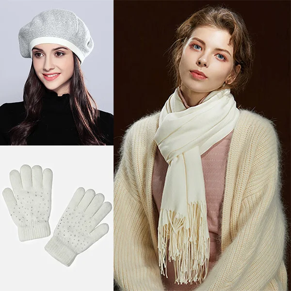 3 Pieces Hot Sale Scarf And Hats For Female And Gloves For Winter Woman Fashion Accessory - Цвет: 806-813-806