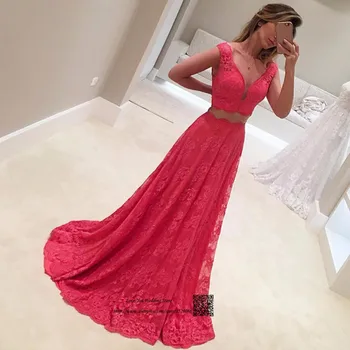 

Modest Two Piece Prom Dresses 2017 Vestidos de Gala Long Graduation Dress Red Lace Formal Evening Gowns Custom Made Import China