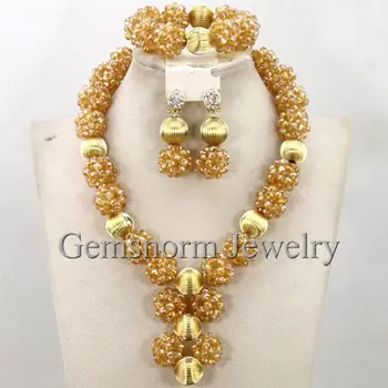 

Splendid Gold African Beads Bridal Necklace Set Wedding Gift Costume Necklace Set Wholesale Beads Free Shipping WB384