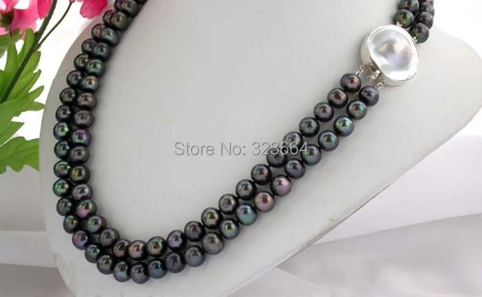 

2strands 17" 10mm black round freshwater pearl Necklace clasp