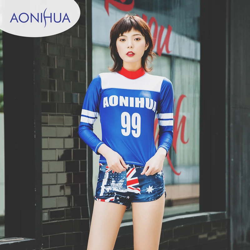 

AONIHUA Two Piece Swimsuits Women Vintage Palm wave Print Long sleeve Swimwear female Retro Surfing Bathing Suit