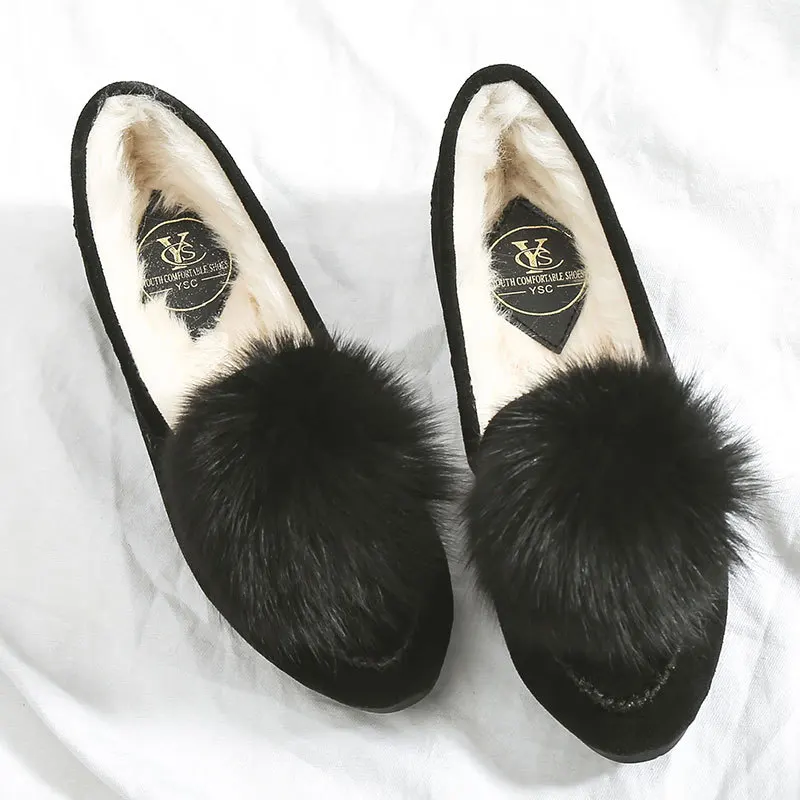 Pointed toe pompon fur shoes women winter plush slip on ballet flats women fur moccasins cozy warm lazy shoes