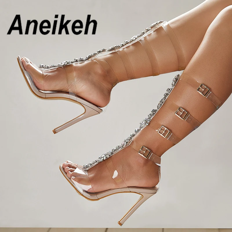 Aneikeh/пикантные босоножки на высоком каблуке; женские прозрачные сандалии-гладиаторы на ремешке с пряжкой; Летние свадебные сапоги с открытым носком, украшенные стразами