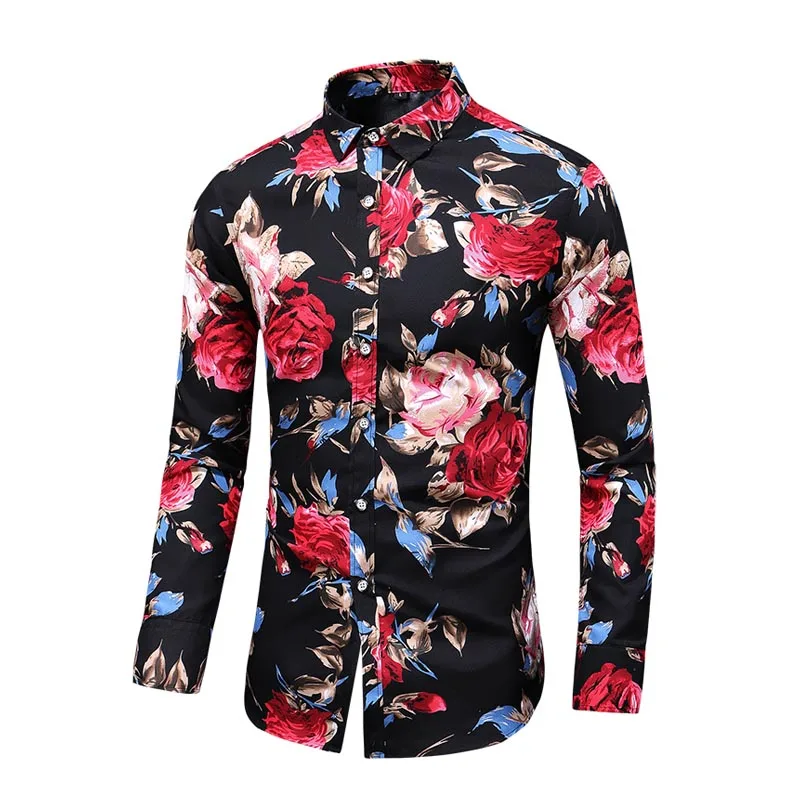Beste 2019 Nieuwe Herfst Nieuwe Lange Mouw Bloemen Rose Shirts Plus Size 5XL 6XL 7XL Button Down Sociale Hawaiiaanse Bloemen Shirt